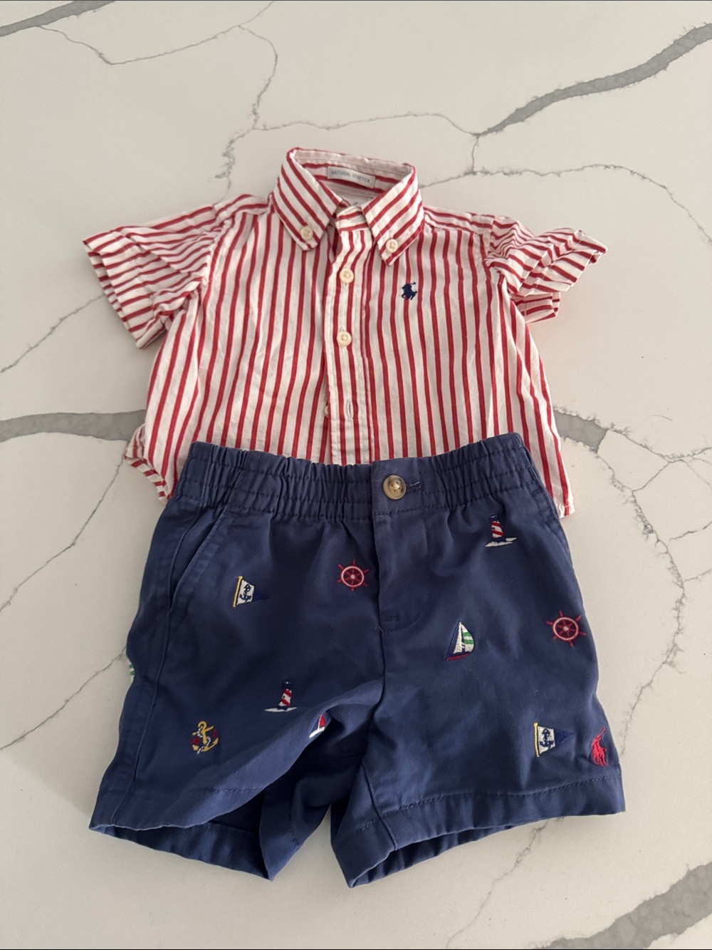 Ralph Lauren Kids Navy Embroidered Nautical Shorts with Red Stripe Shirt
